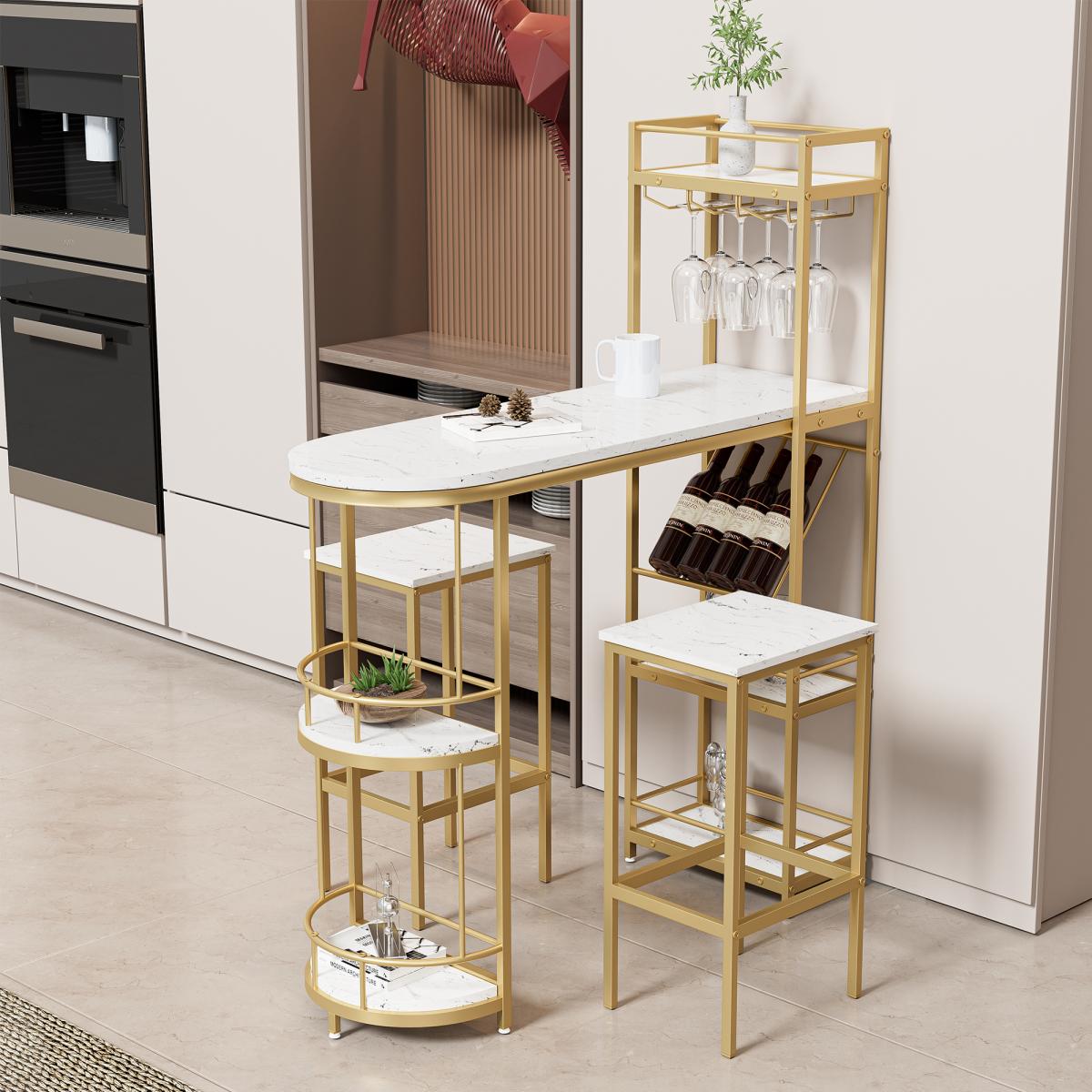 3 Pcs Bar Table and Chairs Set, Modern White Kitchen Bar Height Dining Table Wood Breakfast Pub Table with Gold Base with Shelves, Glass Rack, Wine Bottle Rack ,with 2 Bar Stools