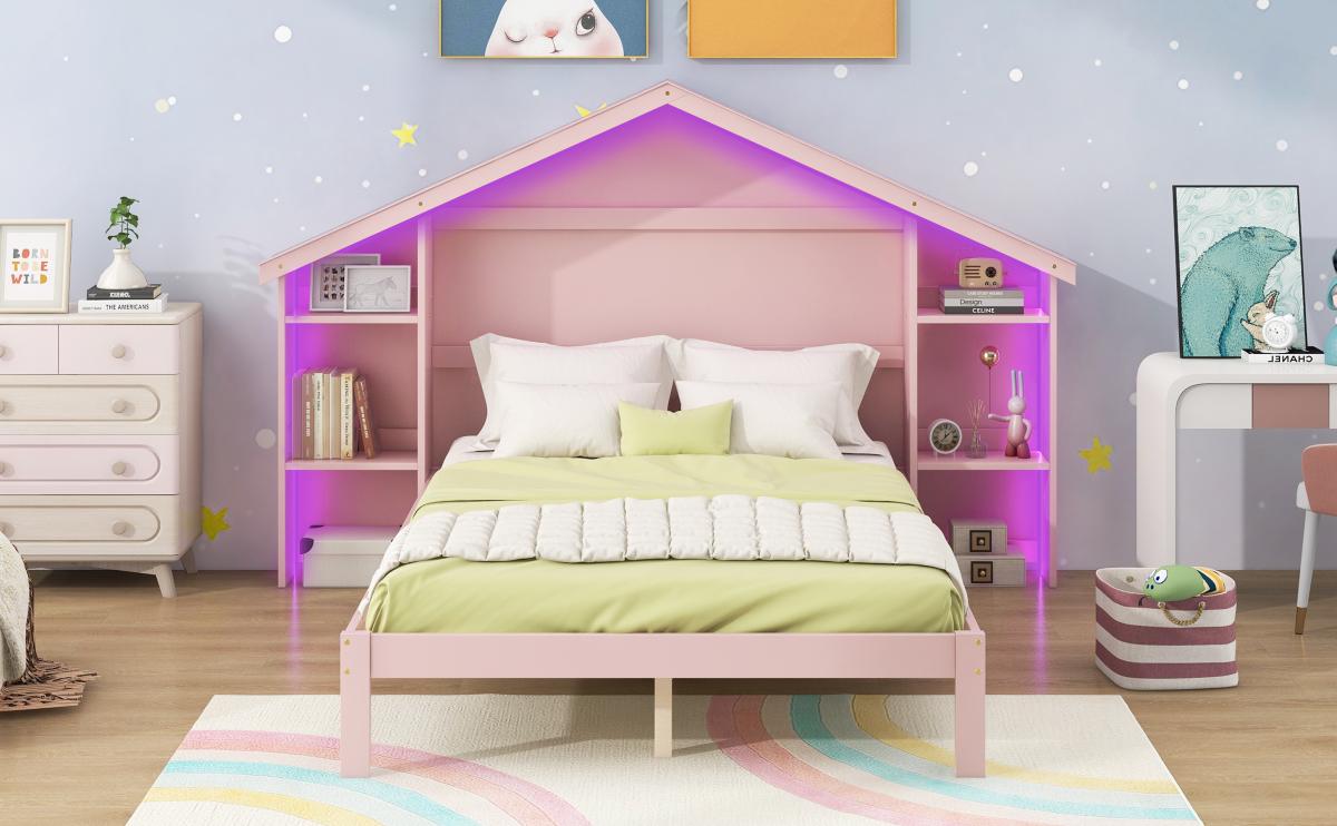 Wood Full Size Platform Bed with House-shaped Storage Headboard and Built-in Led, Pink
