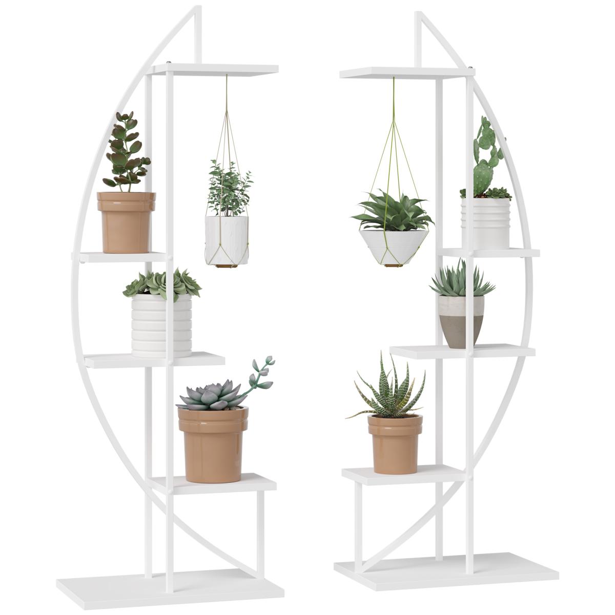 5 Tier Metal Plant Stand with Hangers, Half Moon Shape Flower Pot Display Shelf for Living Room Patio Garden Balcony Decor, White