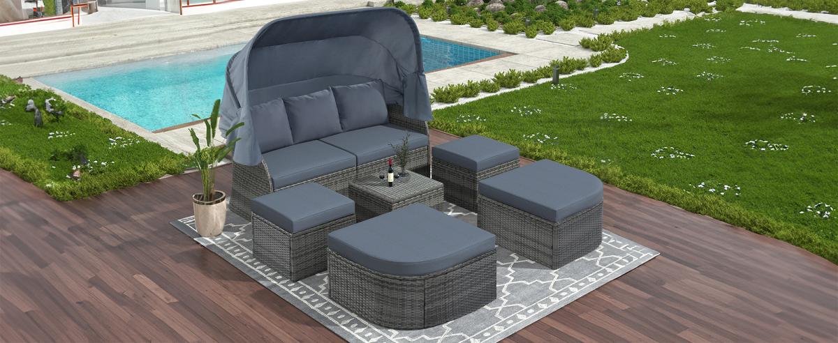 U_STYLE Outdoor Patio Furniture Set Daybed Sunbed with Retractable Canopy Conversation Set Wicker Furniture (As same as Wy000281aae)