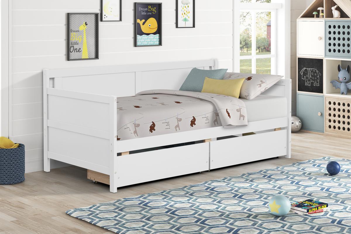Daybed with two drawers, Twin size Sofa Bed, Two Storage Drawers for Bedroom,Living Room ,White