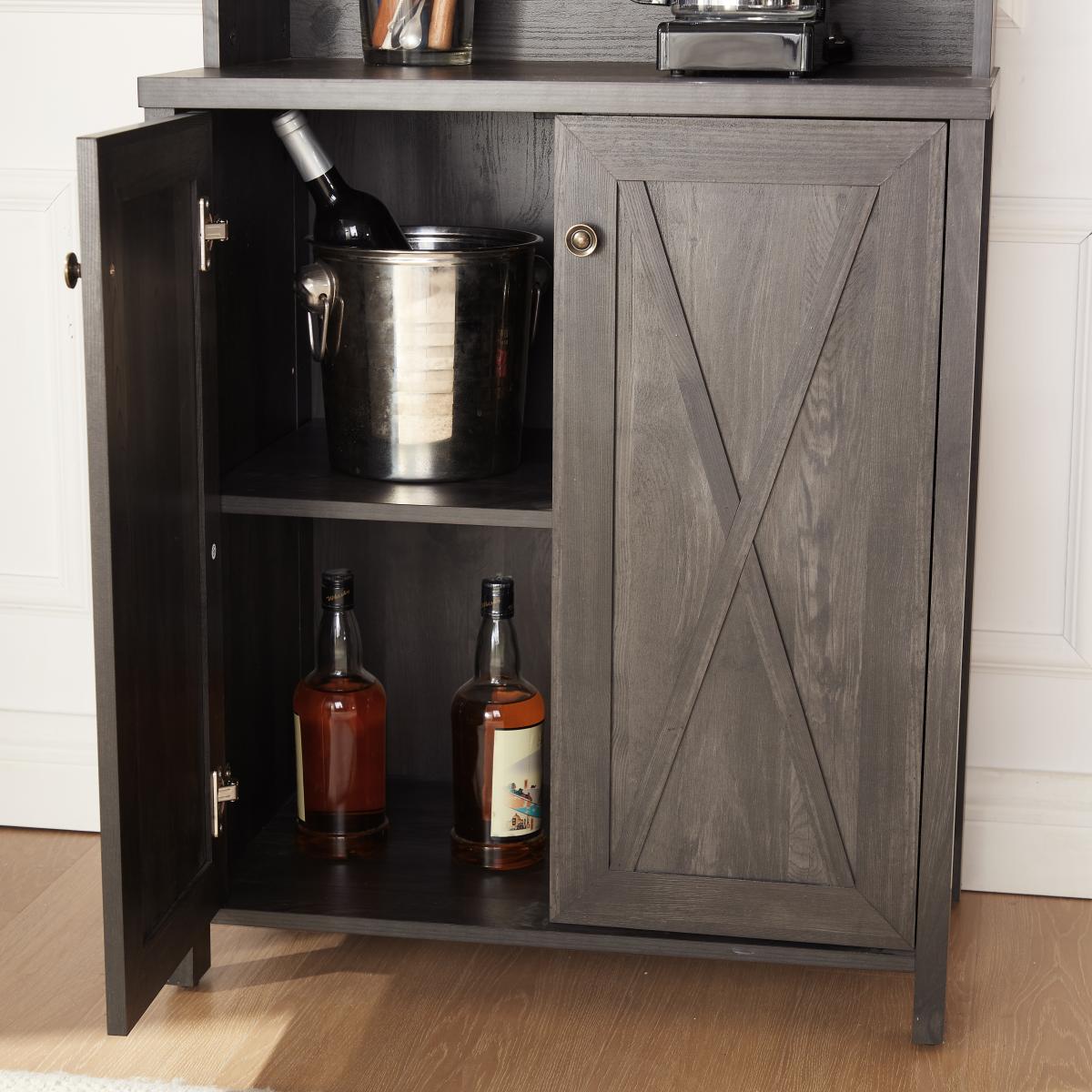Farmhouse Bar Cabinet for Liquor and Glasses, Dining Room Kitchen Cabinet with Wine Rack, Sideboards Buffets Bar Cabinet L26.89''*w15.87''*h67.3'' Charcoal Grey