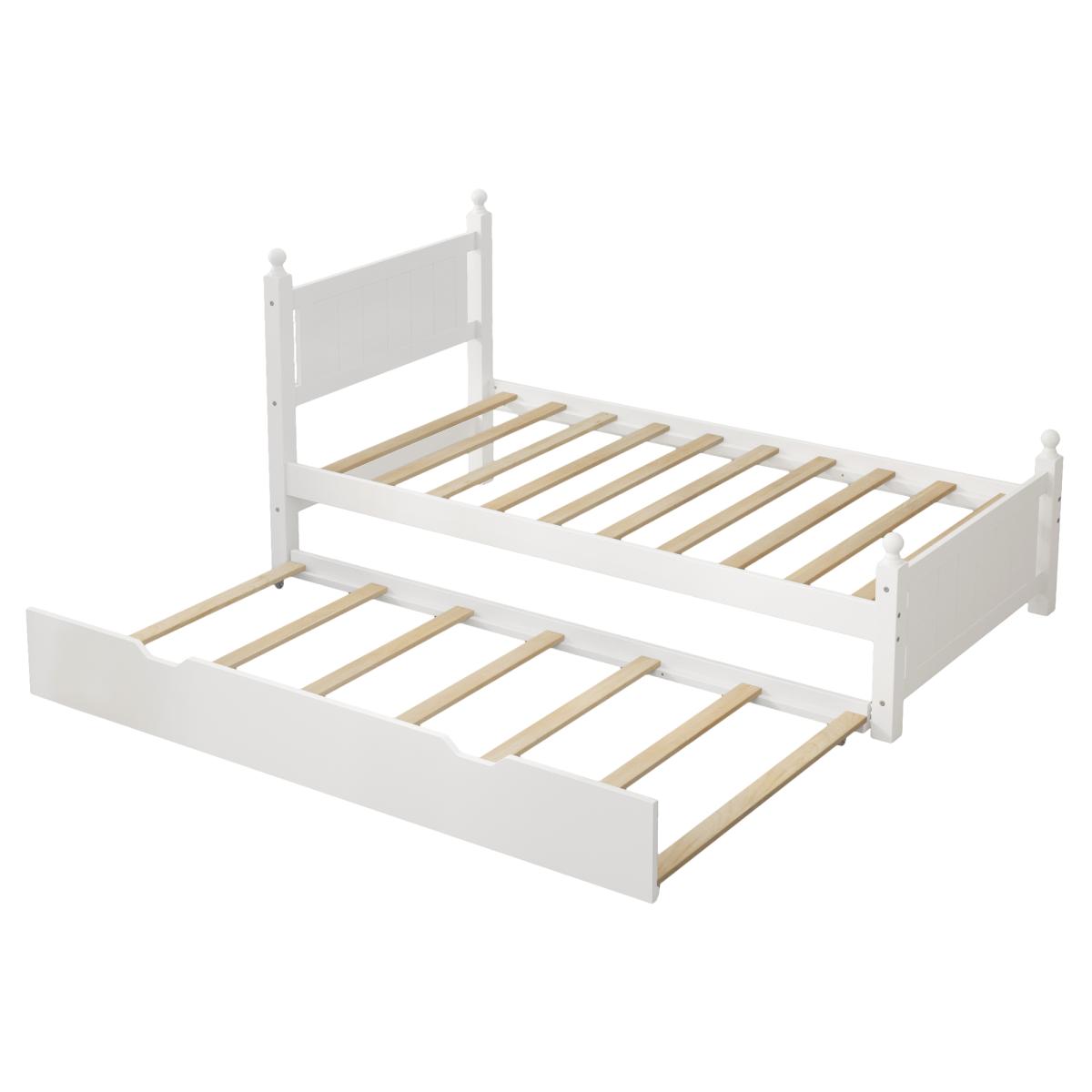 Twin Size Solid Wood Platform Bed Frame with trundle for Limited Space Kids, Teens, Adults, No Need Box Spring, White