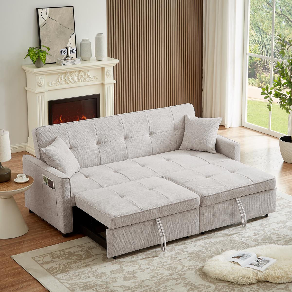 83.47-Inch large size Ivory Fabric 3 in 1 Convertible Sleeper Sofa Bed, for Living Room, Bedroom, Apartment, Office