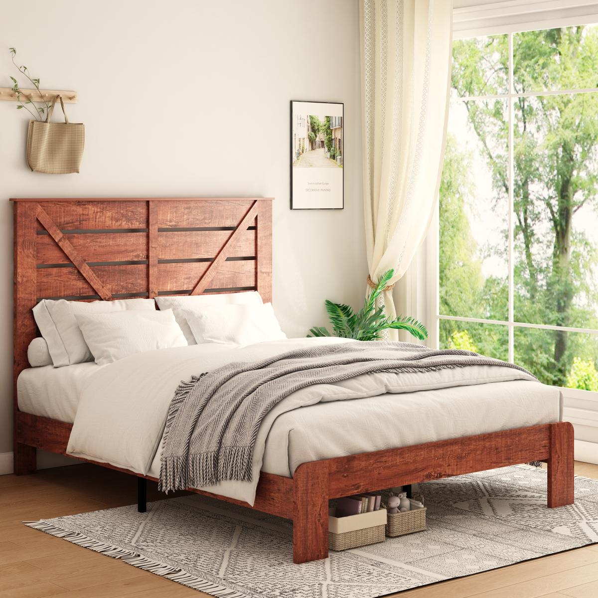 Queen Bed Frame Headboard , Wood Platform Bed Frame , Noise Free,No Box Spring Needed and Easy Assembly Tool,Large Under Bed Storage, Vintage Brown
