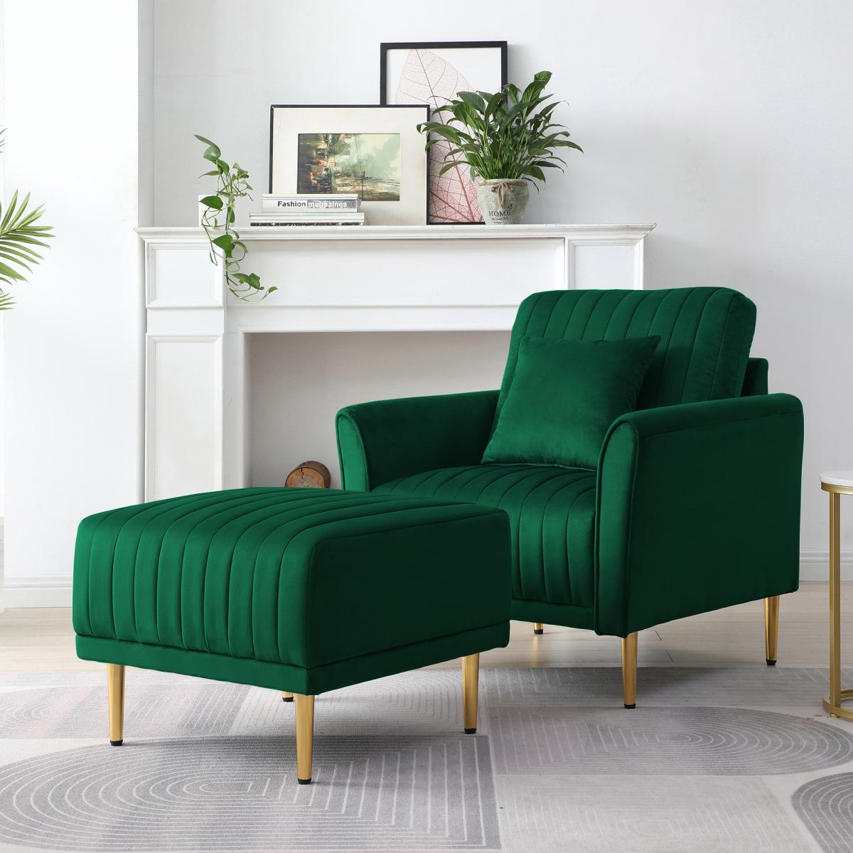 Modern Accent Chair Roll Arm Fabric Chairs, Contemporary Leisure Side Chair, Armchair for Living Room or Bedroom with Metal Legs, Upholstered Single Sofa Club Chair Green
