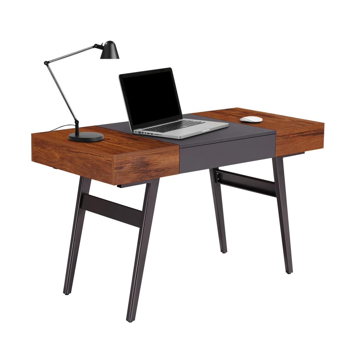 Techni Mobili Writing Desk - Dual Side & Pull-Out Front Drawer - Coated Grey Steel Frame - Mahogany