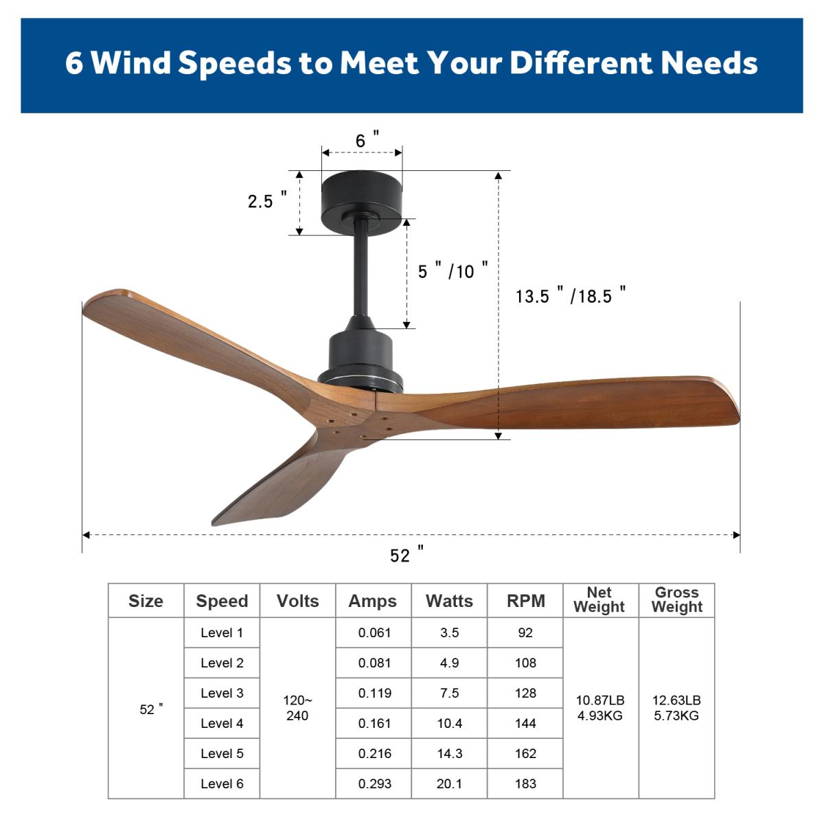 52 Inch Indoor Wood Ceiling Fan With 3 Solid Wood Blades Remote Control Reversible Dc Motor For Living Room