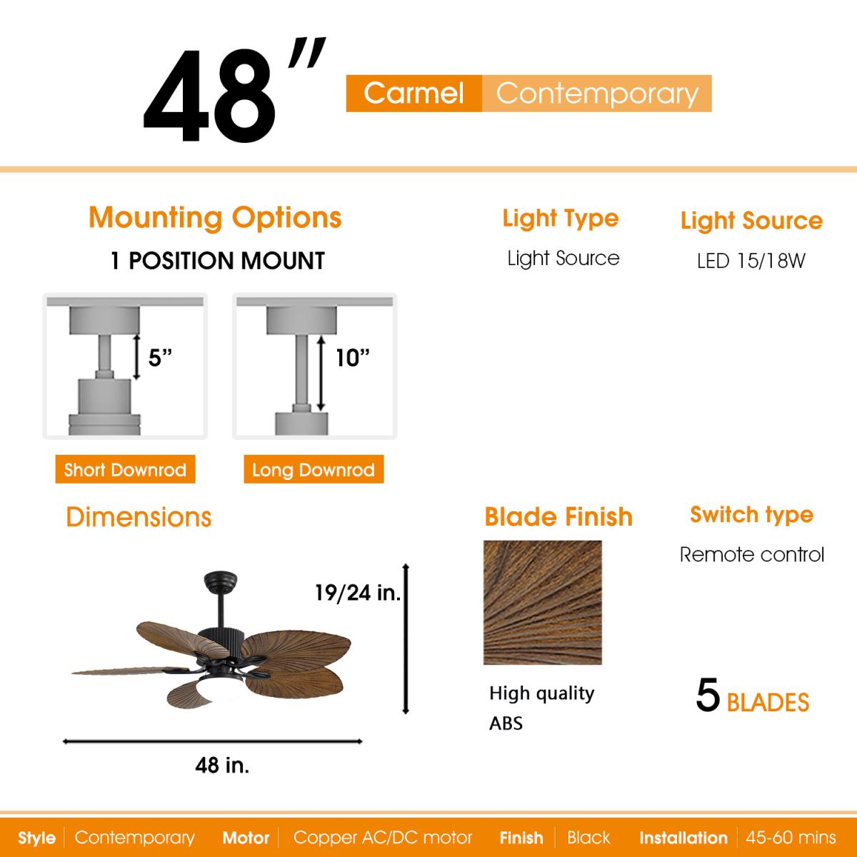 48 Inch Tropical Ceiling Fan With 3 Speed Wind 3 Color Dimmable Led Light Remote Control Reversible Ac Motor
