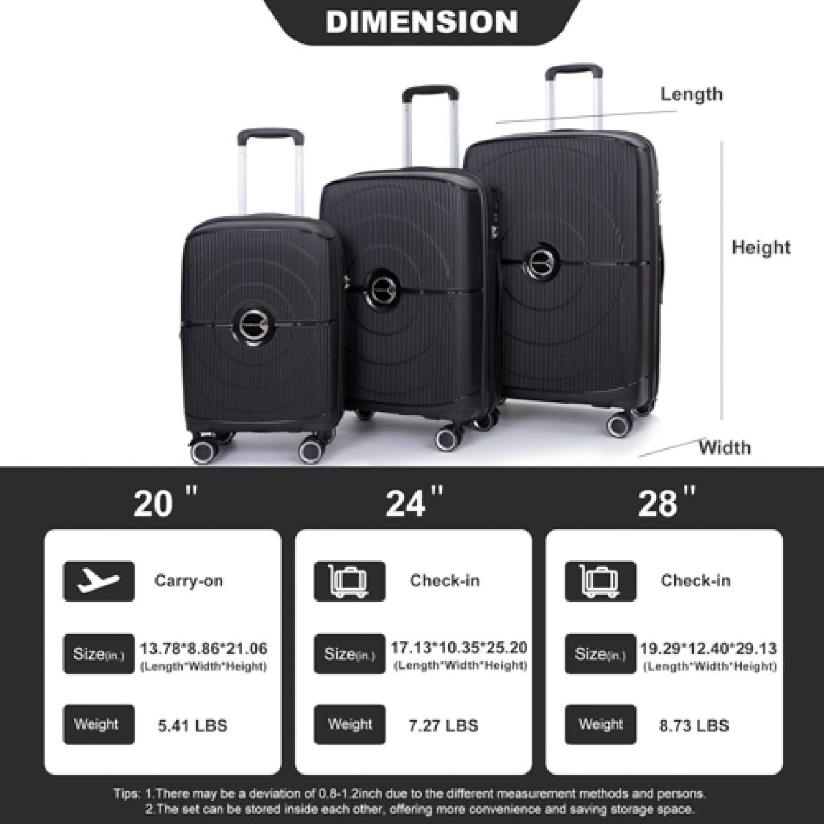 Expandable Hardshell Suitcase Double Spinner Wheels Pp Luggage Sets Lightweight Durable Suitcase with Tsa Lock,3-Piece Set (20/24/28) ,Black