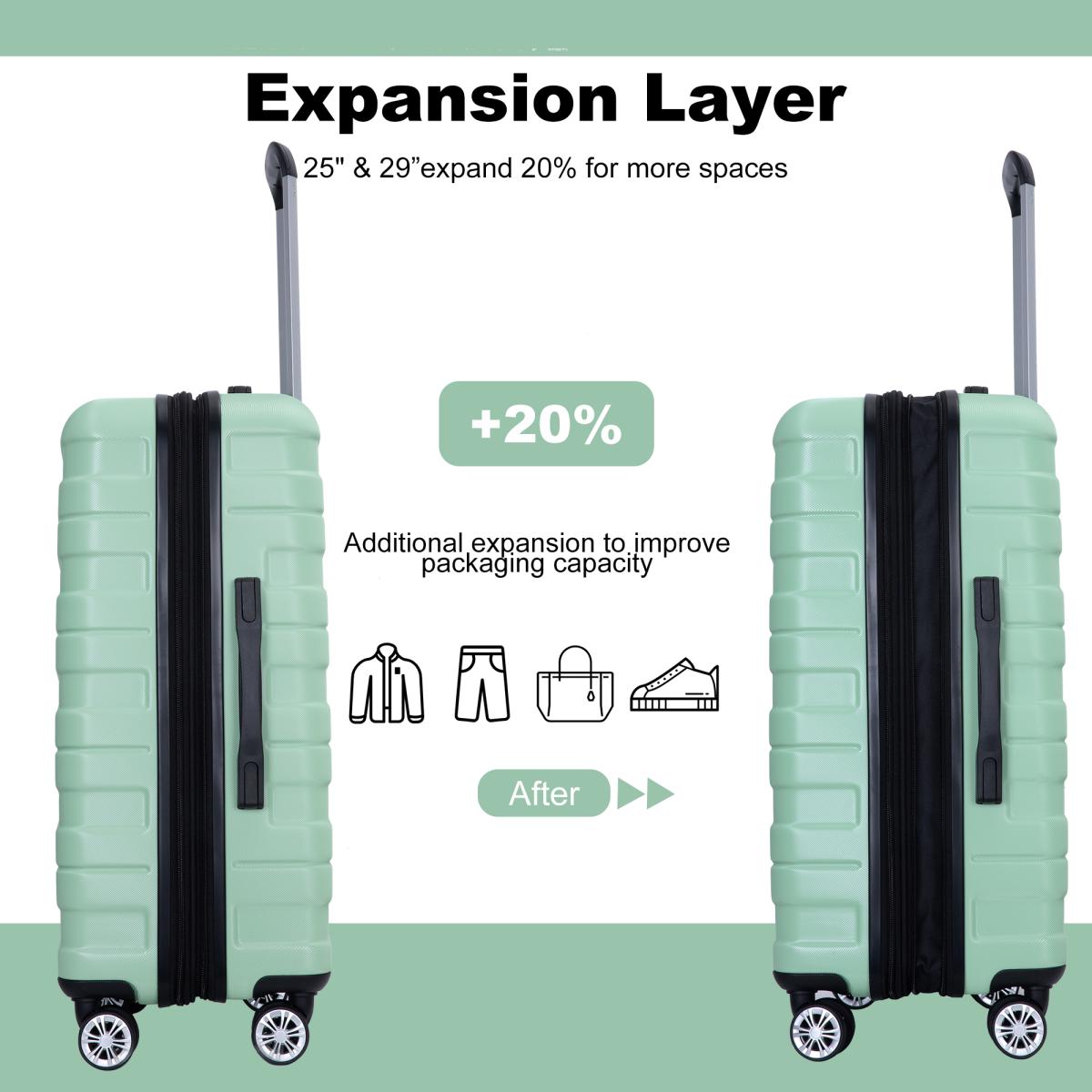 3 Piece Luggage Sets Pc Lightweight & Durable Expandable Suitcase with Two Hooks, Double Spinner Wheels, Tsa Lock, (21/25/29) Light Green