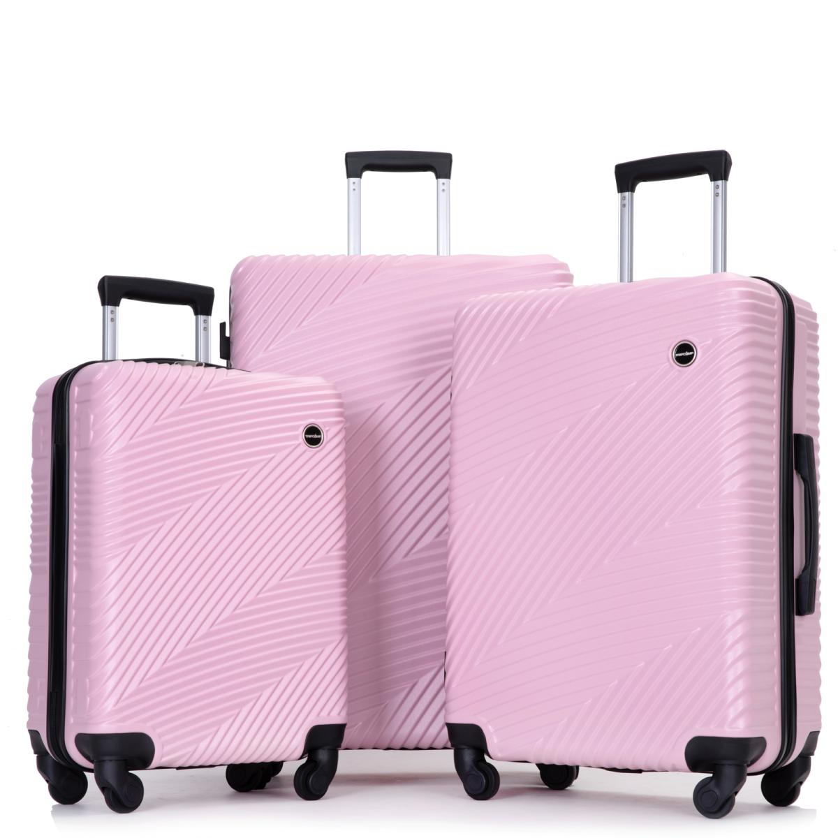 3 Piece Luggage Sets Pc+abs Lightweight Suitcase with Two Hooks, Spinner Wheels, (20/24/28) Pink