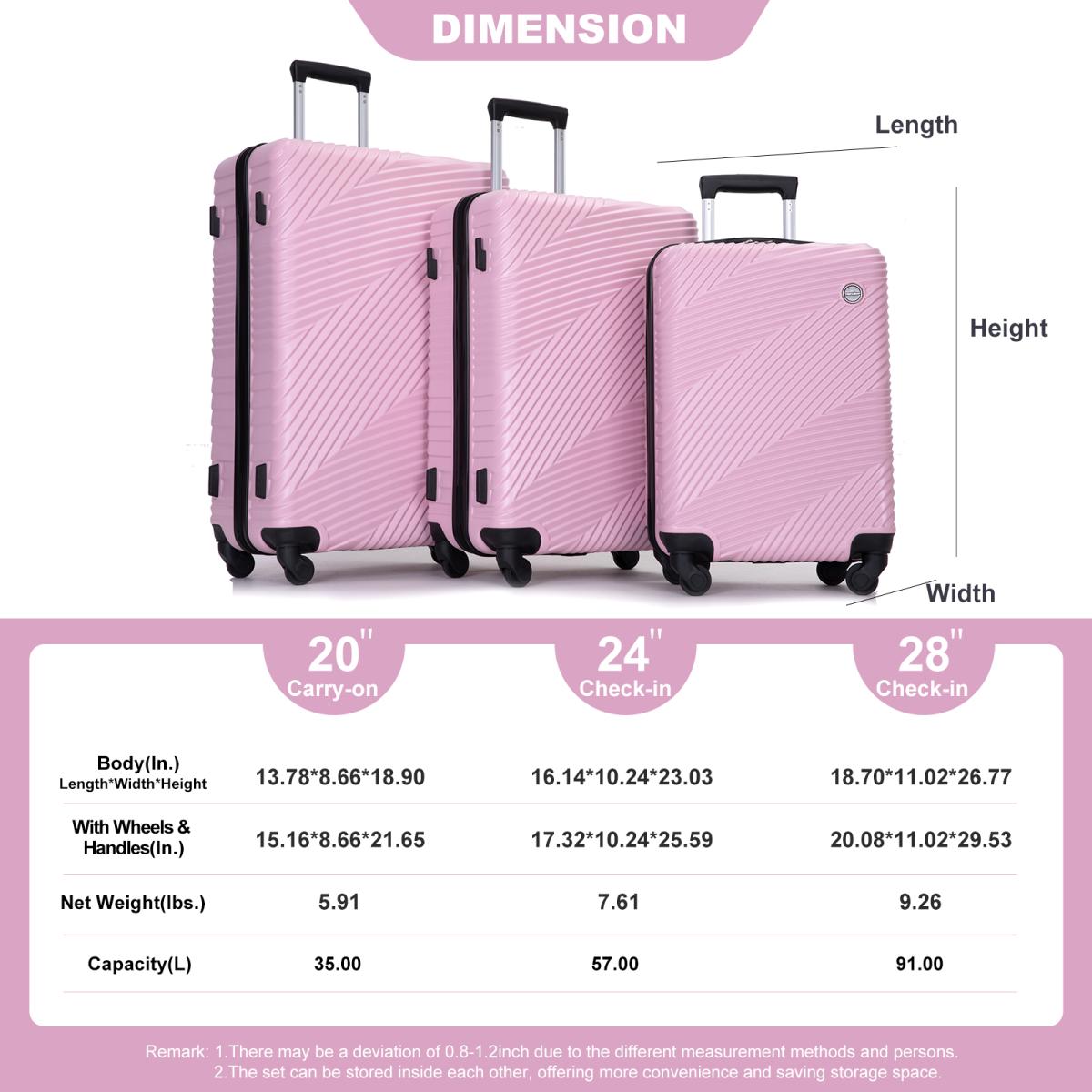 3 Piece Luggage Sets Pc+abs Lightweight Suitcase with Two Hooks, Spinner Wheels, (20/24/28) Pink