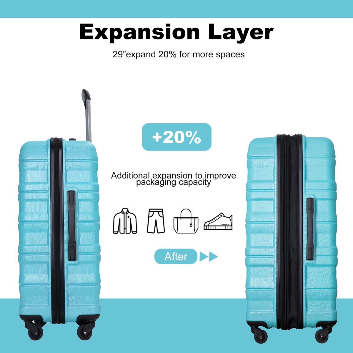 Expandable 3 Piece Luggage Sets Pc Lightweight & Durable Suitcase with Two Hooks, Spinner Wheels, Tsa Lock, (21/25/29) Aqua Blue
