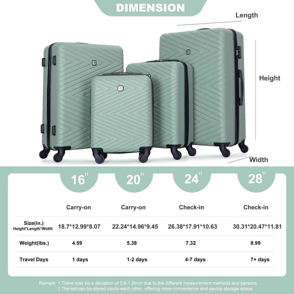 luggage 4-piece Abs lightweight suitcase with rotating wheels, 24 inch and 28 inch with Tsa lock, (16/20/24/28) Olive Green