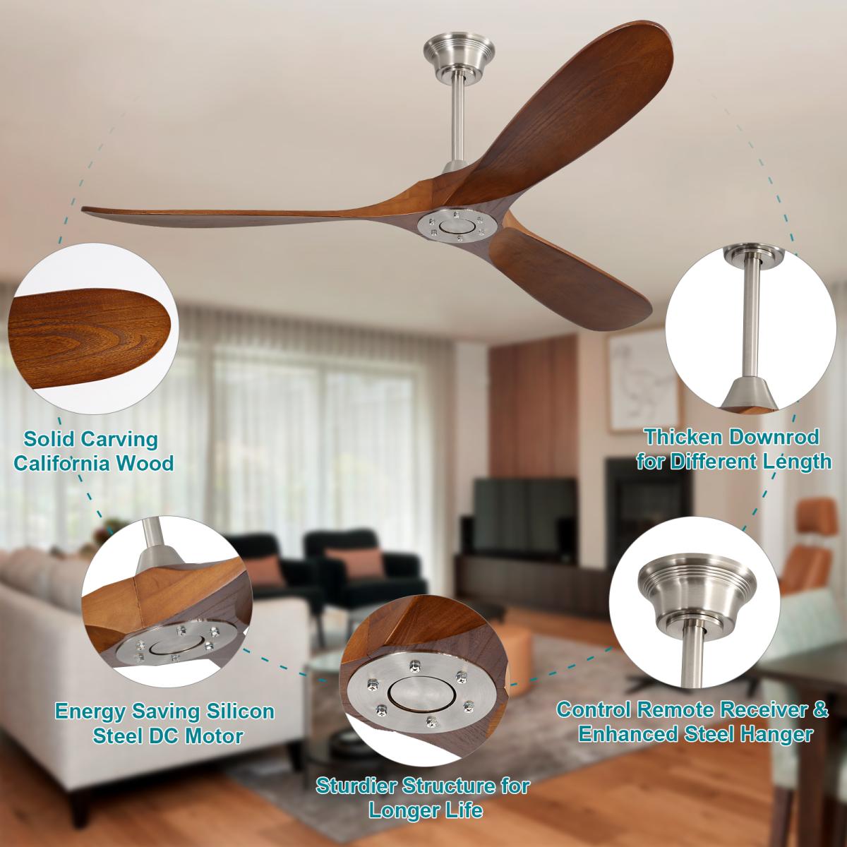 60 Inch Indoor Modern Ceiling Fan With 6 Speed Remote Control 3 Solid Wood Blade For Living Room