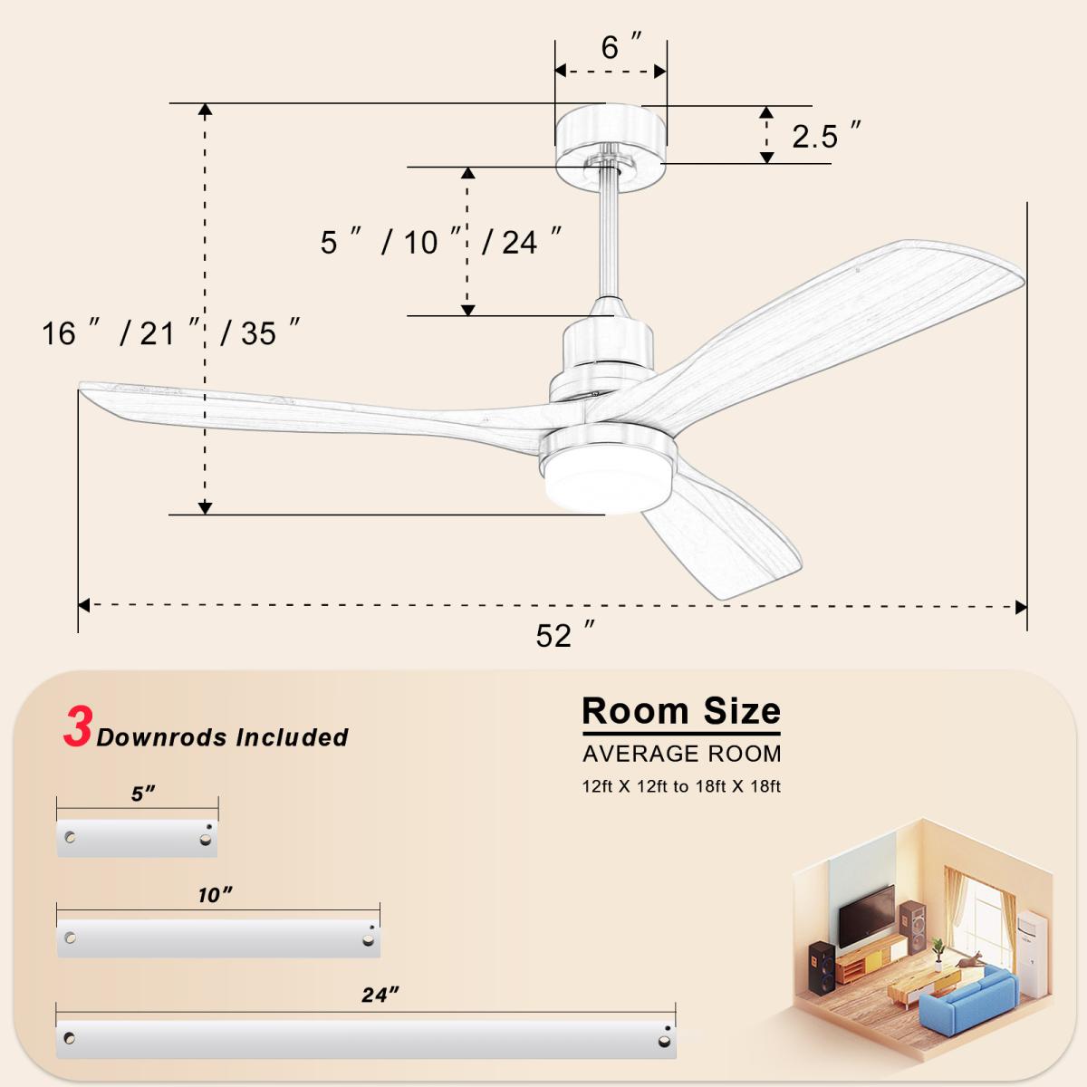 Indoor 52 Inch Ceiling Fan With Dimmable Led Light 6 Speed Remote 3 Wood Blade Reversible Dc Motor For Bedroom