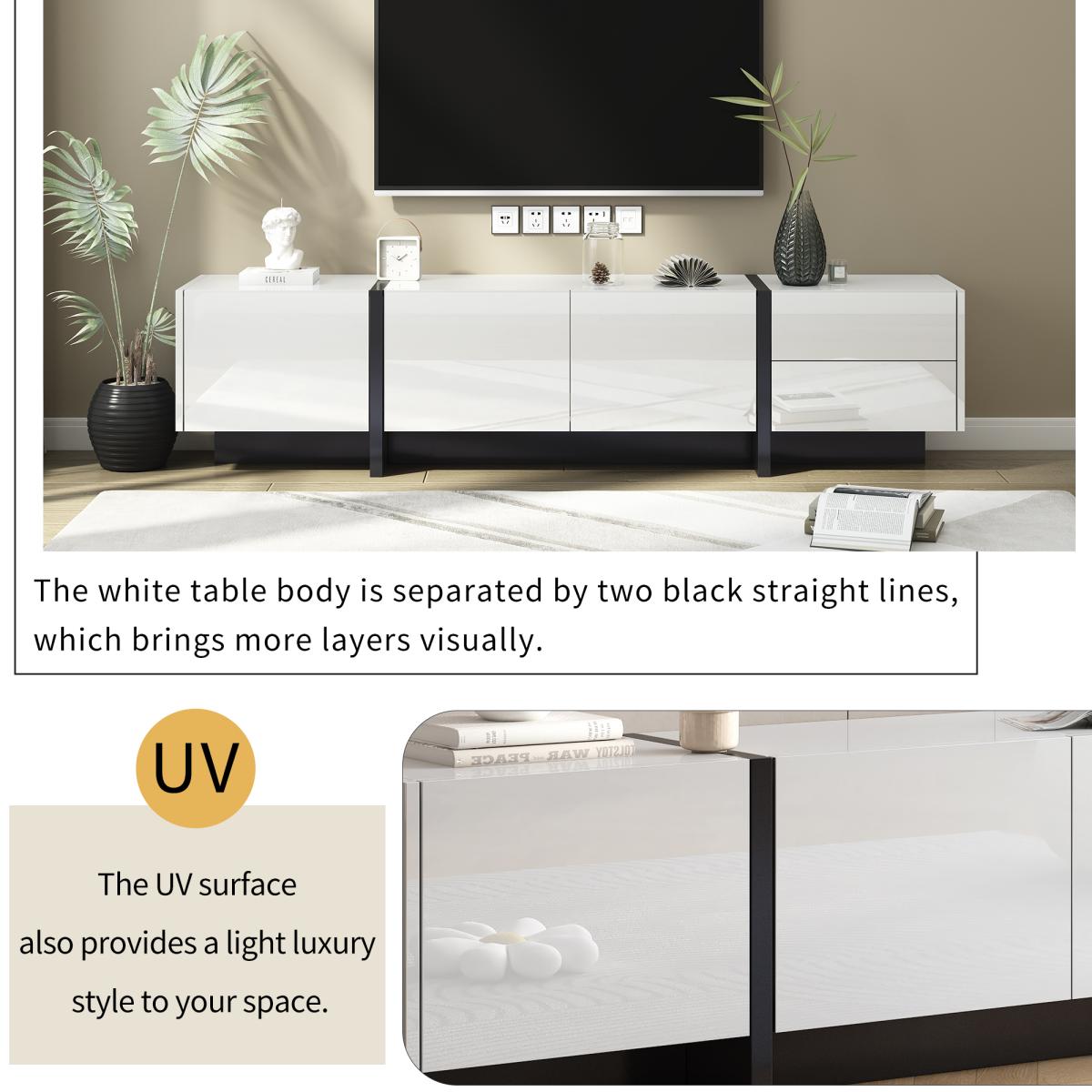 ON-TREND White & Black Contemporary Rectangle Design Tv Stand, Unique Style Tv Console Table for TVs Up to 80'', Modern Tv Cabinet with High Gloss Uv Surface for Living Room.