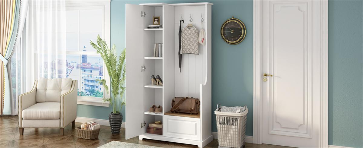 ON-TREND Stylish Design Hall Tree with Flip-Up Bench, Minimalist Hallway Shoe Cabinet with Adjustable Shelves, Multifunctional Furniture with Hanging Hooks for Entryways, Mudroom, White