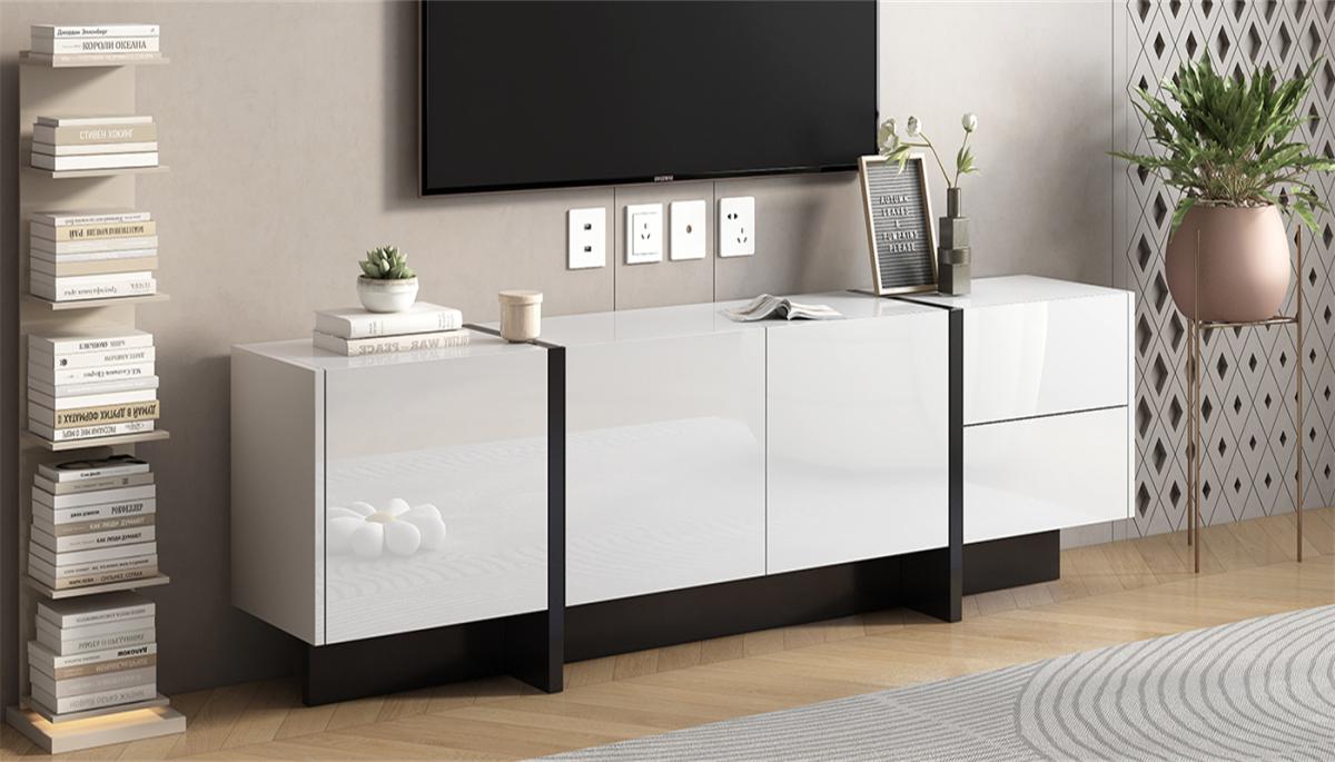 ON-TREND White & Black Contemporary Rectangle Design Tv Stand, Unique Style Tv Console Table for TVs Up to 80'', Modern Tv Cabinet with High Gloss Uv Surface for Living Room.