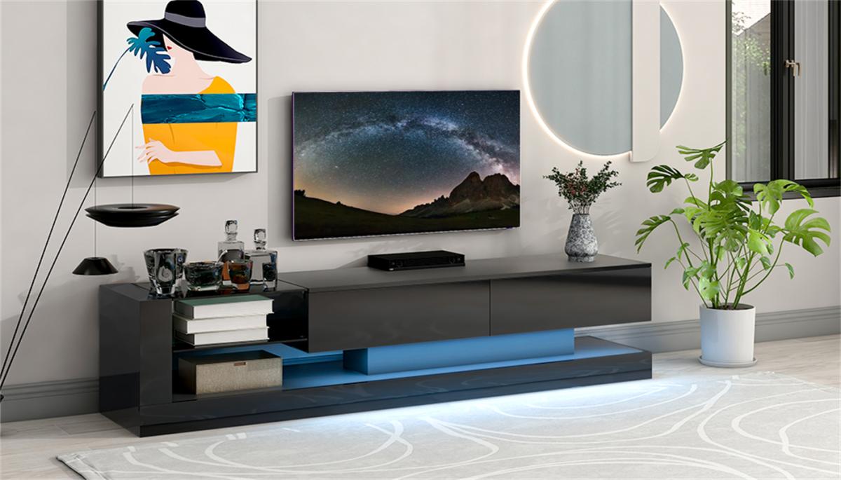 On-Trend Tv Stand with Two Media Storage Cabinets Modern High Gloss Entertainment Center for 75 Inch Tv, 16-color Rgb Led Color Changing Lights for Living Room, Black