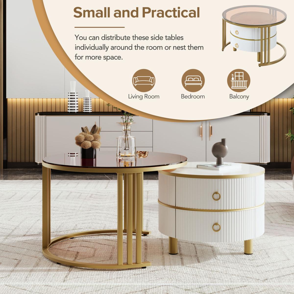 ON-TREND Φ27.5'' & Φ19.6'' Stackable Coffee Table with 2 Drawers, Nesting Tables with Brown Tempered Glass and High Gloss Marble Tabletop, Set of 2, Round Center Table for Living Room, White