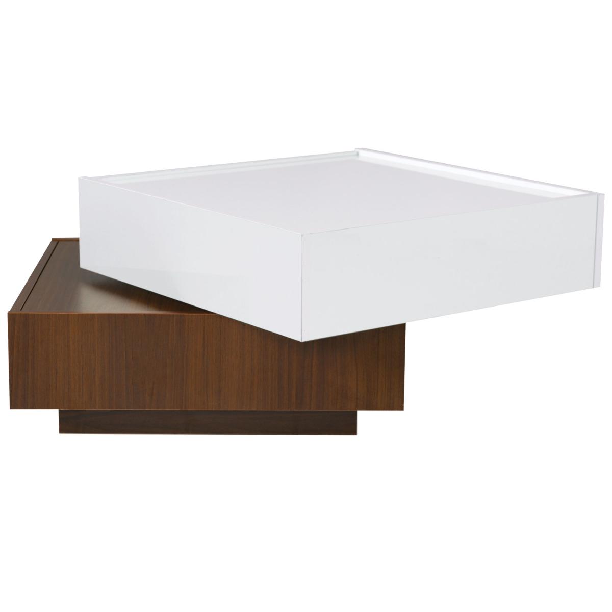 ON-TREND Multi-functional Square 360°Rotating Coffee Table with 2 Drawers, High Gloss 2-Tier Center Table with Swivel Tabletop and Storage, Walnut Table Frame Side Table for Living Room, White